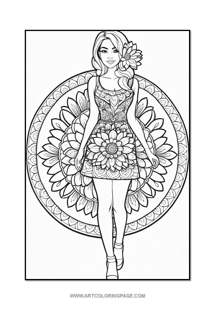 A young woman stands confidently in a floral dress, surrounded by intricate mandala patterns.