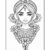 A detailed line art illustration of a woman adorned with floral patterns and jewelry, featuring a serene expression and intricate designs.