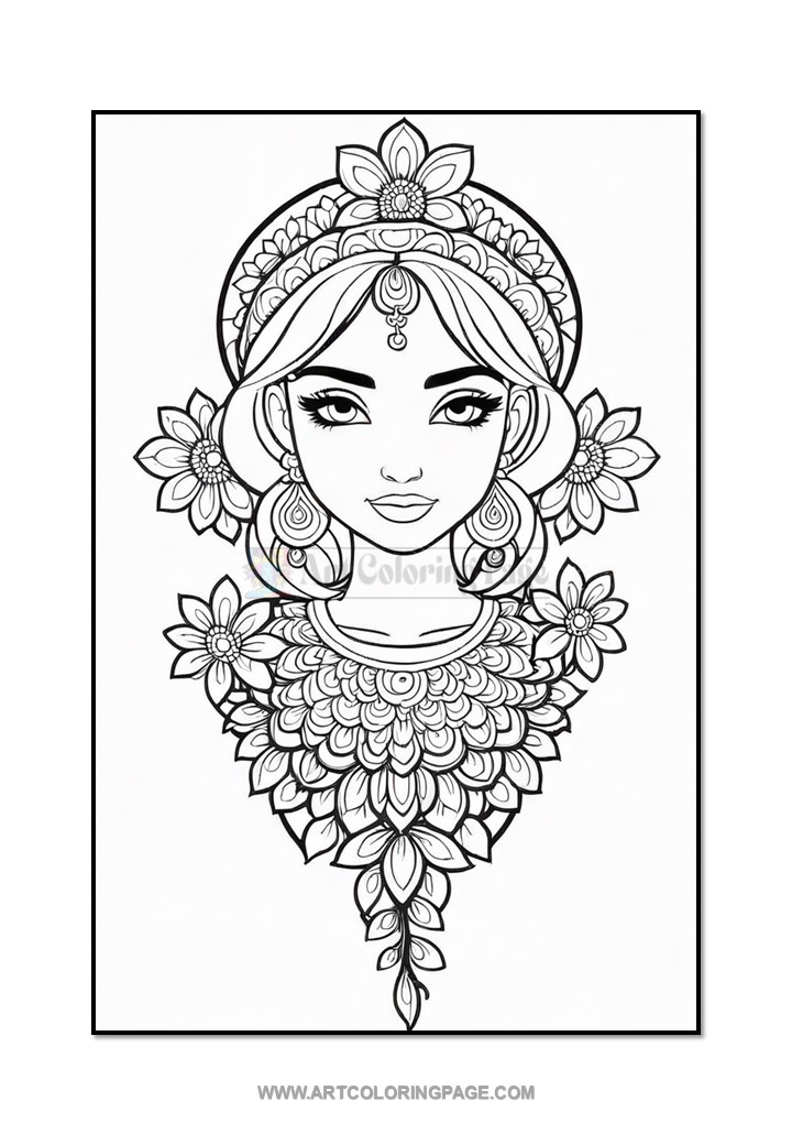 A detailed line art illustration of a woman adorned with floral patterns and jewelry, featuring a serene expression and intricate designs.