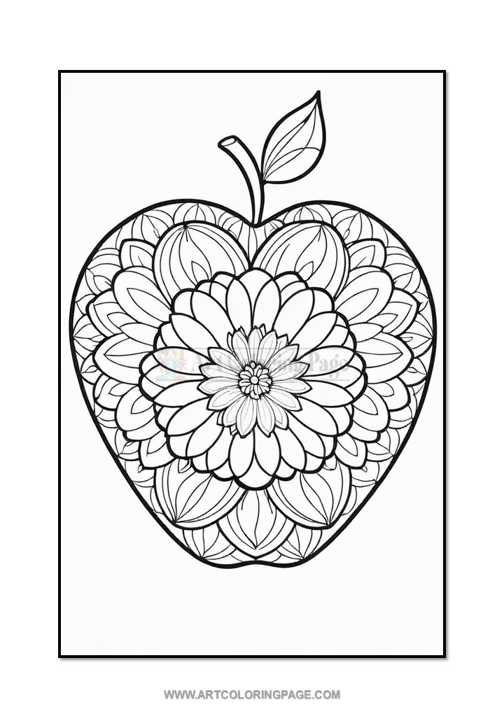 A detailed black and white illustration of a large apple with intricate floral and leaf patterns inside.
