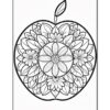 A detailed black and white illustration of an apple surrounded by intricate floral designs.