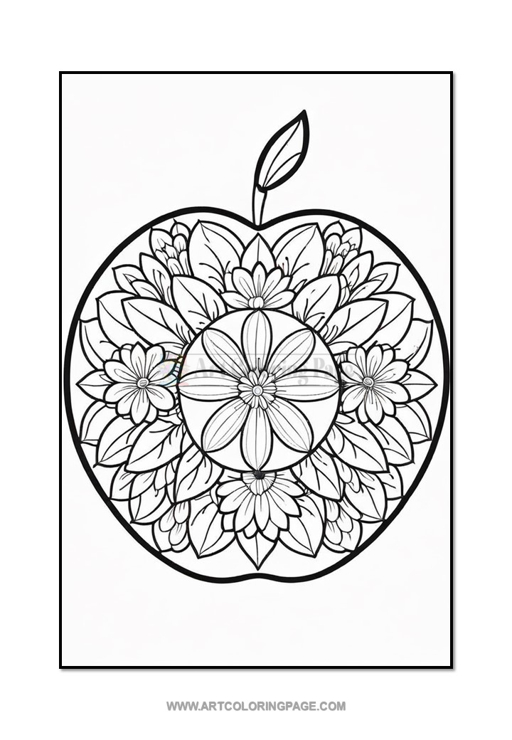 A detailed black and white illustration of an apple surrounded by intricate floral designs.