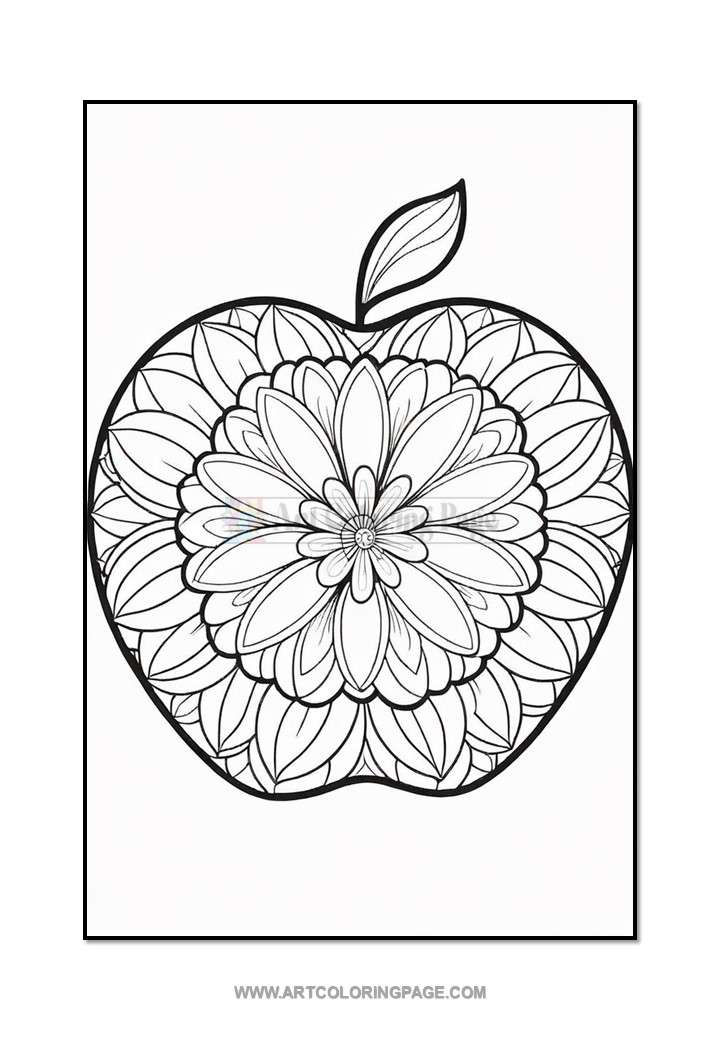 A detailed black and white illustration of an apple filled with intricate floral patterns and leaves, designed for coloring.