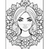 A line art coloring page featuring a woman's face framed by intricate floral patterns.