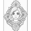 A line art illustration of a woman surrounded by detailed flowers, ready for coloring.