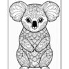 Black and white coloring page illustration of a koala adorned with intricate floral patterns.