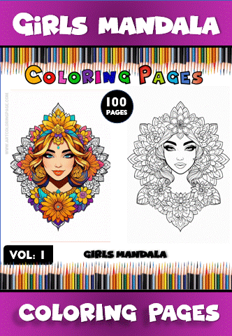 Coloring page featuring intricate girls' mandala designs from the Mandala coloring book, available at artcoloringpage.com.