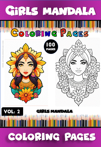 Coloring page featuring two mandala designs for girls, promoting the Mandala coloring book on artcoloringpage.com with 100 pages of intricate mandala coloring pages.