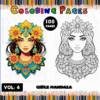 Girls mandala coloring pages featuring intricate designs, showcasing a vibrant colored illustration alongside a black and white outline, from artcoloringpage.com.