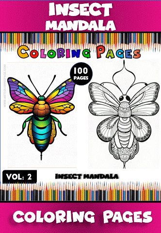 Coloring page featuring a vibrant butterfly and a detailed insect mandala design from the Mandala coloring book on artcoloringpage.com.