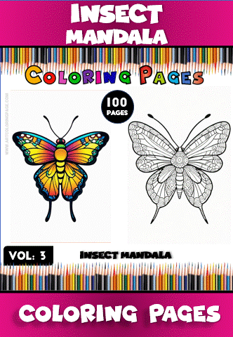 Insect mandala coloring pages featuring a butterfly design, showcasing intricate patterns. Visit artcoloringpage.com for more mandala coloring book options.