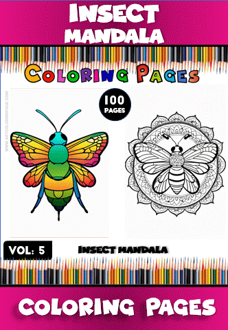 Colorful insect mandala designs featured in a coloring book, highlighting mandala coloring pages from artcoloringpage.com.