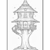 A whimsical treehouse with multiple levels, windows, and a spiral staircase, set against a simple background.