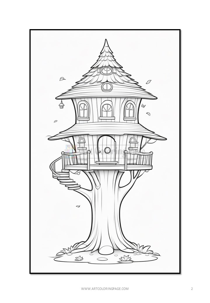 A whimsical treehouse with multiple levels, windows, and a spiral staircase, set against a simple background.