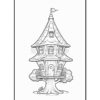 A whimsical treehouse with multiple levels, a pointed roof, and a round door, surrounded by stylized trees and grass.