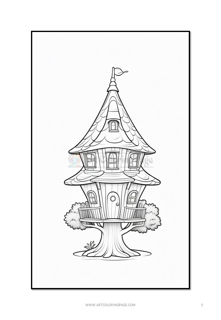 A whimsical treehouse with multiple levels, a pointed roof, and a round door, surrounded by stylized trees and grass.