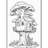 A whimsical treehouse built into a large tree, featuring a balcony and stairs, surrounded by fluffy clouds.