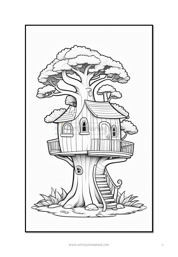 A whimsical treehouse built into a large tree, featuring a balcony and stairs, surrounded by fluffy clouds.