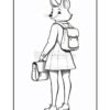 A cartoon mouse character with a backpack, wearing a dress and shoes, looking back over her shoulder.