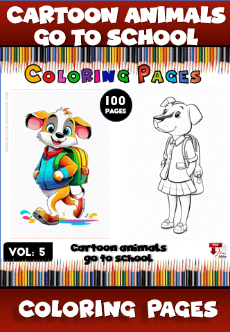 Cartoon animals going to school illustrated for kids to color, showcasing a playful dog and a cheerful pup with a backpack.