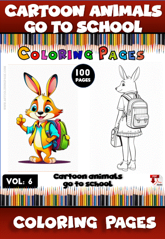 Cartoon animals in school settings, featuring a colorful rabbit and a line art rabbit, ideal for cozy coloring pages from artcoloringpage.com.