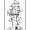 A whimsical treehouse with multiple levels, a balcony, and surrounding trees, featuring cartoonish details.