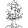 A whimsical treehouse with multiple levels, surrounded by trees and a ladder leading up, designed for coloring.