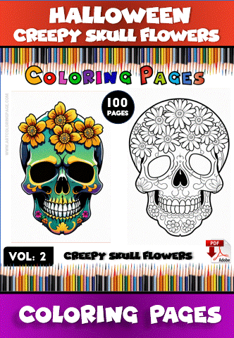 Coloring page featuring a decorated skull with flowers, part of a Halloween-themed collection from artcoloringpage.com, ideal for cozy coloring book enthusiasts.