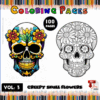 Coloring page featuring a colorful floral skull design alongside a black-and-white version, promoting cozy coloring pages from artcoloringpage.com.