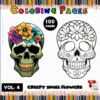 A colorful Halloween-themed coloring page featuring a skull adorned with flowers, labeled