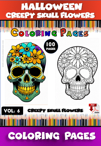 Colorful poster promoting "Creepy Skull Flowers" coloring pages, featuring intricate skull designs and a vibrant background of colored pencils, from artcoloringpage.com.