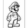 Black and white outline illustration of Mario, a cartoon character, wearing a cap and overalls, with a confident pose.
