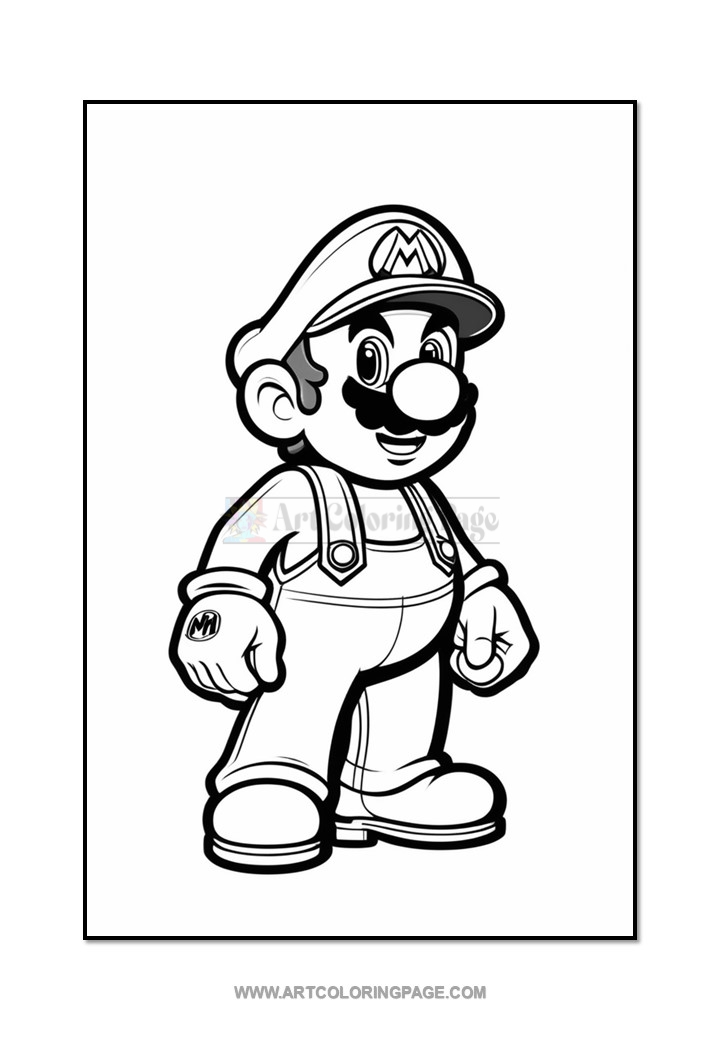 Black and white outline illustration of Mario, a cartoon character, wearing a cap and overalls, with a confident pose.