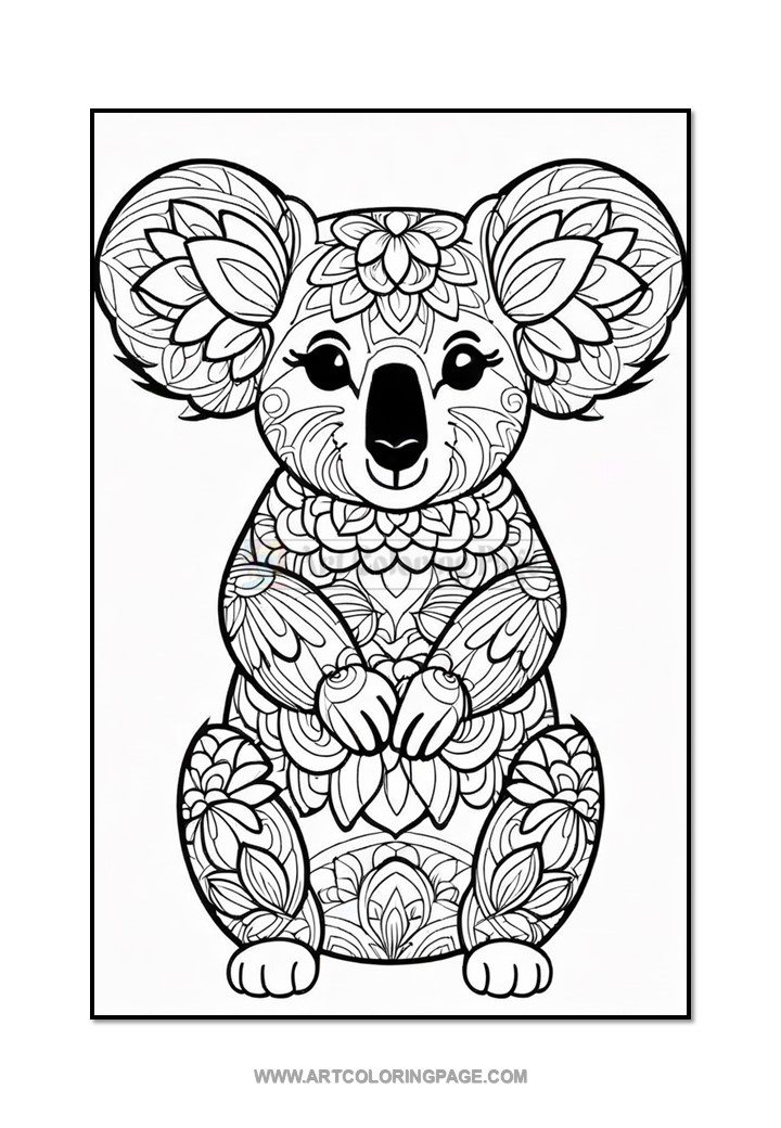 A detailed black and white illustration of a koala adorned with floral patterns, suitable for coloring.