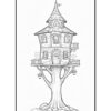 A whimsical treehouse with multiple levels, windows, and a spiral staircase, surrounded by a thick tree trunk.