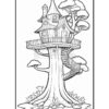 A whimsical treehouse perched atop a large tree, featuring a decorative platform, ladder, and surrounding foliage.