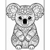 A detailed black and white coloring page featuring a koala surrounded by floral patterns.