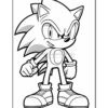 A black and white coloring page featuring Sonic the Hedgehog in a dynamic pose with a confident expression.