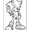 Sonic the Hedgehog stands confidently with a determined expression, one fist raised and wearing his signature shoes.