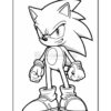 Line art of Sonic the Hedgehog, standing confidently with a determined expression and clenched fists, wearing shoes and gloves.