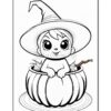 A cute, cartoonish witch sitting in a pumpkin, wearing a large pointed hat with a happy expression.