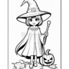 A young girl wearing a witch's hat and cloak, holding a staff with a pumpkin beside her, set against a fall backdrop.