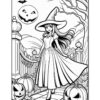 A witch in a dress walks through a pumpkin patch with carved jack-o'-lanterns, a bat flying in the night sky.