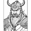 A fierce Viking warrior with a horned helmet, a long beard, and intricate armor designs, ready for battle.