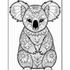 Detailed black and white coloring page of a koala featuring intricate floral designs.