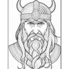 A detailed line art illustration of a Viking warrior with a horned helmet and a long braided beard.