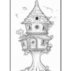 A whimsical treehouse with multiple levels, flowers, and round windows, set in a playful landscape.