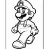 Mario walking confidently in his classic outfit, featuring a hat and overalls, against a coloring page background.