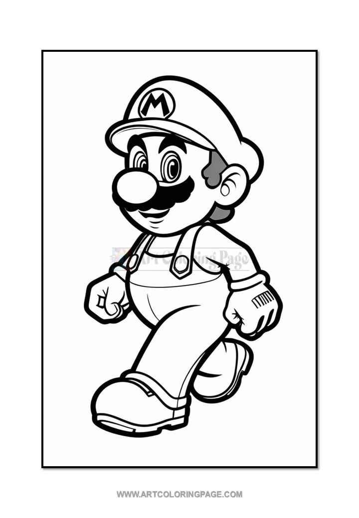 Mario walking confidently in his classic outfit, featuring a hat and overalls, against a coloring page background.