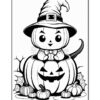 A cute cartoonish pumpkin character wearing a witch's hat and bow tie sits inside a carved pumpkin, surrounded by smaller pumpkins and spider webs.